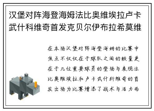 汉堡对阵海登海姆法比奥维埃拉卢卡武什科维奇首发克贝尔伊布拉希莫维奇登场